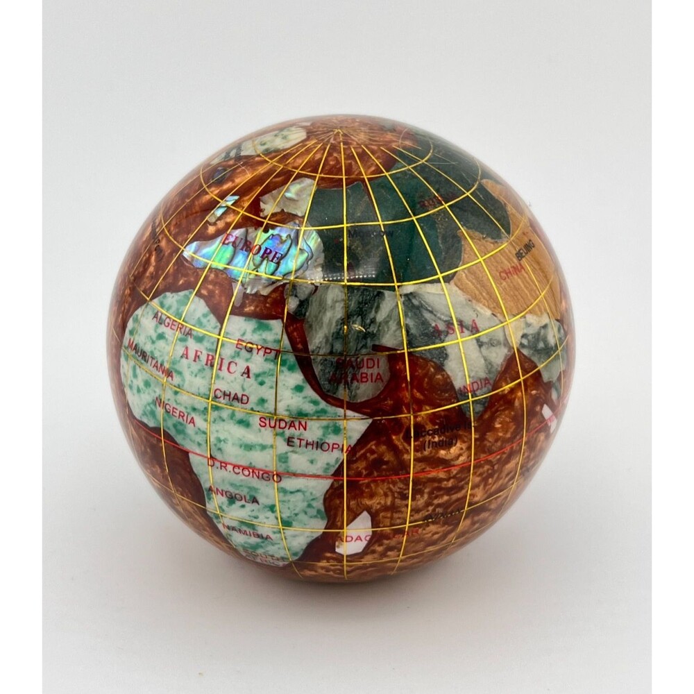 3" Gemstone Globe Paperweight Copper Amber Opalite Ocean Mosaic Marble Office